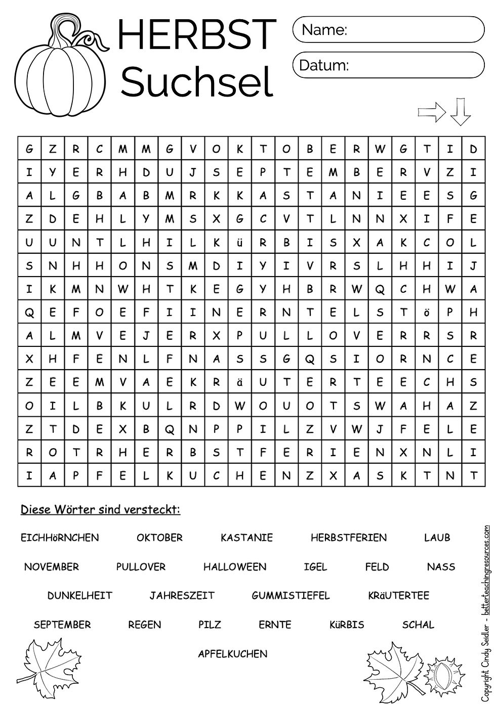 Herbst Suchsel – Deutsch / DAZ – Grundschule – kostenloses Arbeitsblatt (PDF)