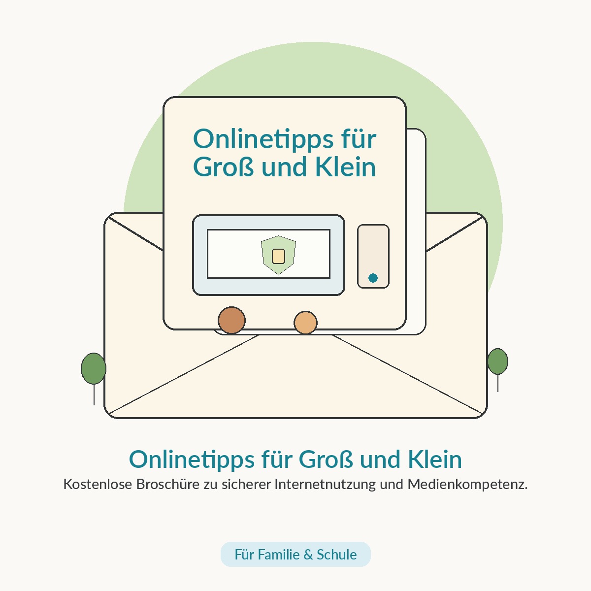 Illustration: Laptop, Smartphone und Schutzschild – kostenlose Broschüre mit Onlinetipps für Groß und Klein
