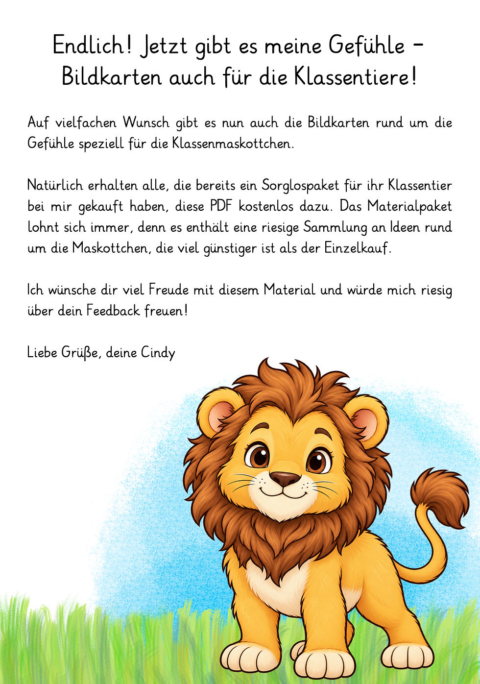 Einführungsseite zu den Löwen-Gefühlskarten mit einem lächelnden Löwen auf einer Wiese.