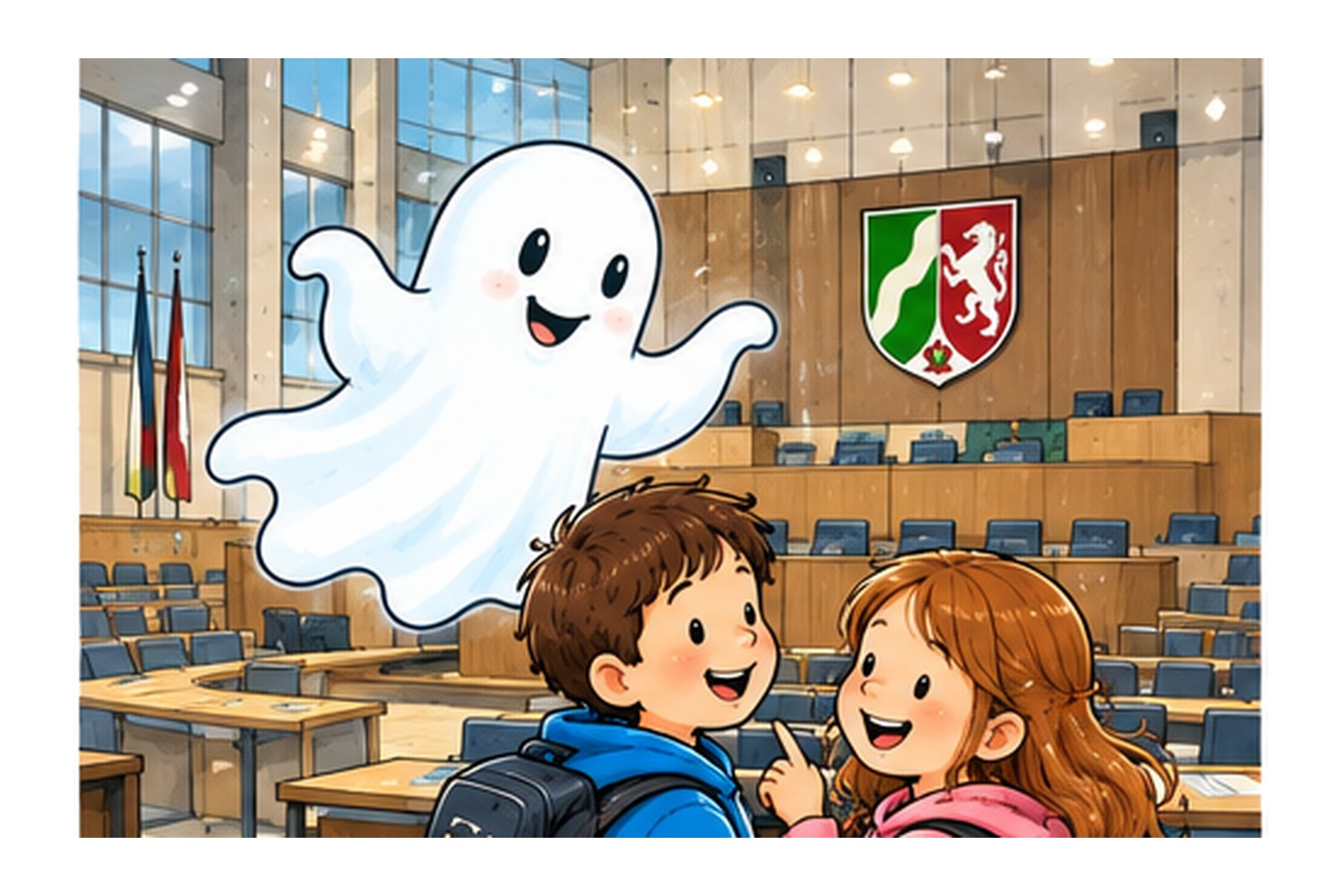 Illustration: Kinder besuchen einen Landtag und schauen in den Plenarsaal – passend zu „Nachts im Landtag“