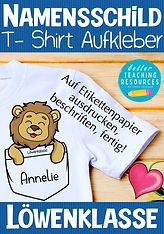 Materialvorschau: Namensschilder und Sticker für die Löwenklasse.