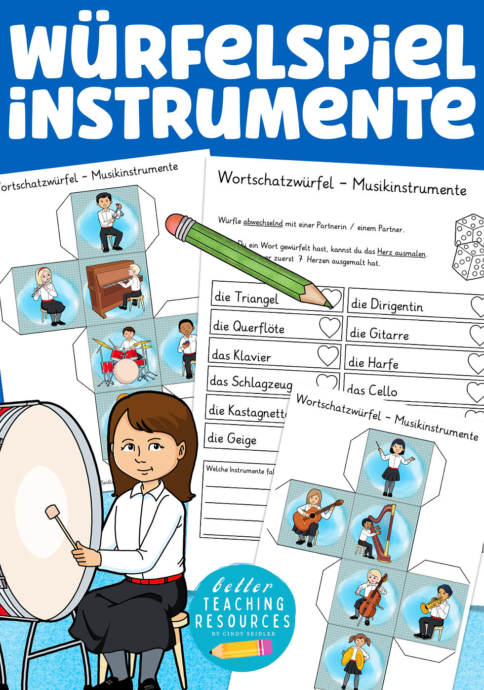 Musikinstrumente Würfelspiel Wortschatz fördern Grundschule Bastelvorlage Unterrichtsmaterial PDF
