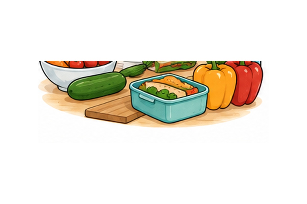 Illustration: Gemüse, Brotbox und ausgewogene Pausenverpflegung – passend zum Ernährungskompass für die Grundschule