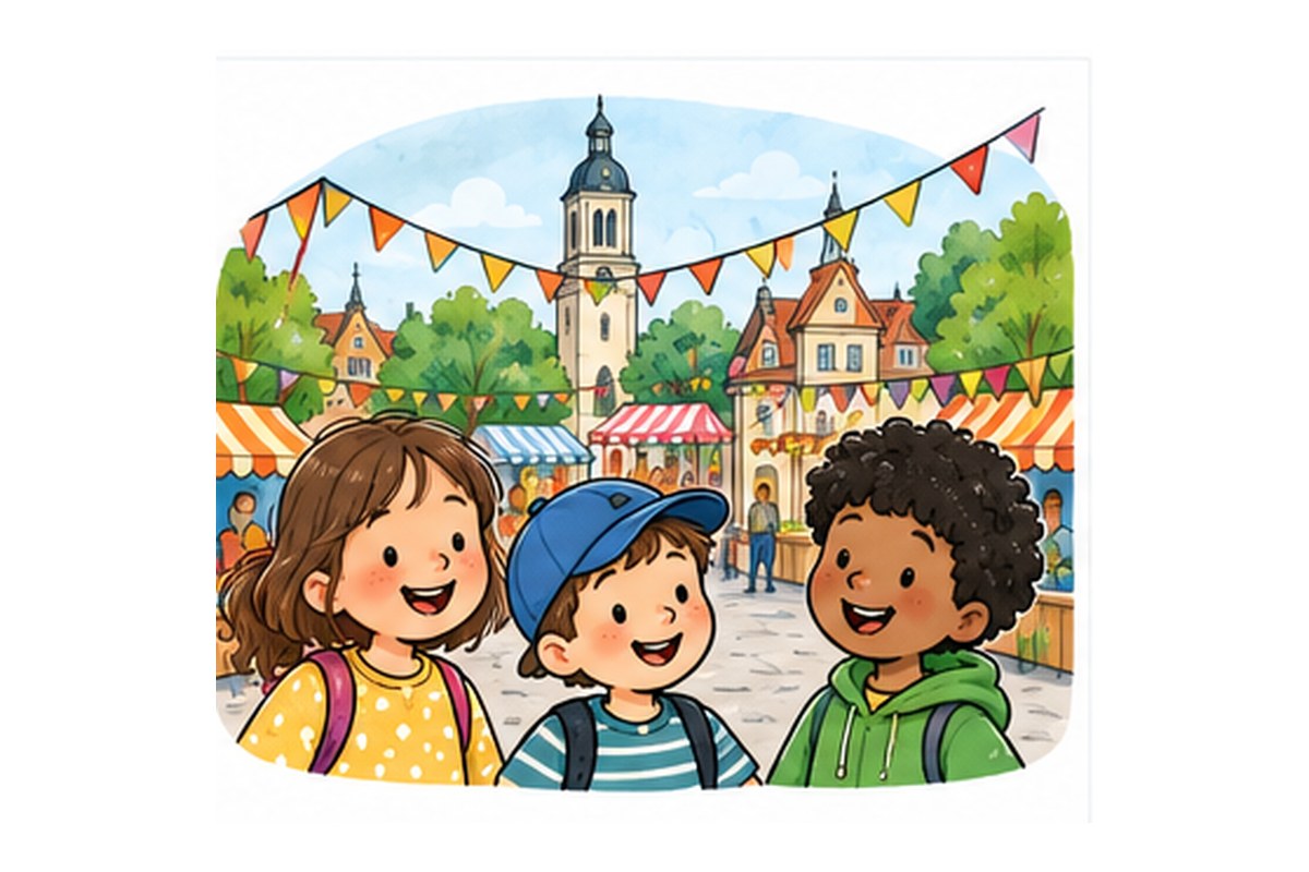 Illustration: Kinder auf einem Stadt-Land-Fest zwischen Dorfplatz, Häusern und Grün – passend zu „Hanna, Jacob und das Stadt-Land-Fest“