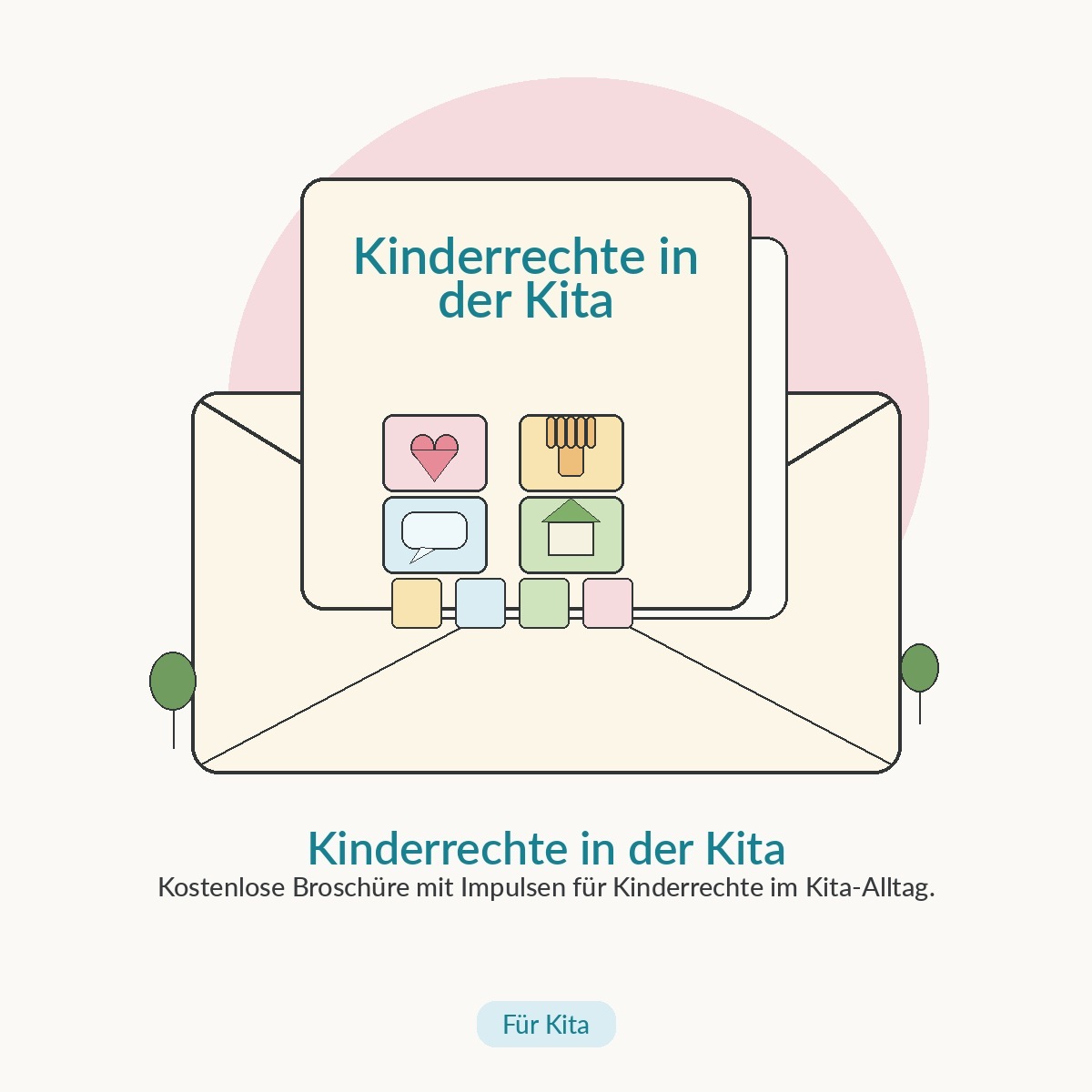 Illustration: Broschüre zu Kinderrechten in der Kita mit Symbolen für Schutz, Beteiligung und Geborgenheit