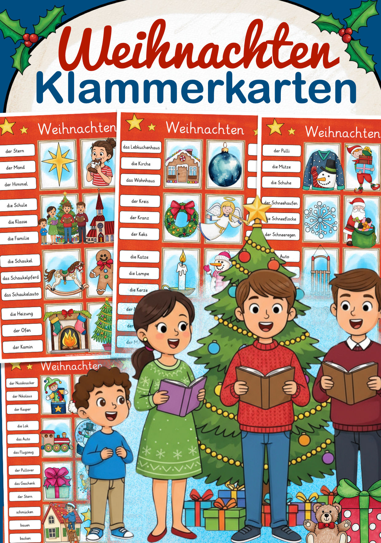 Weihnachten Klammerkarten Spiel -Wortschatz und Rechtschreibung Deutsch Unterrichtsmaterial Grundschule PDF