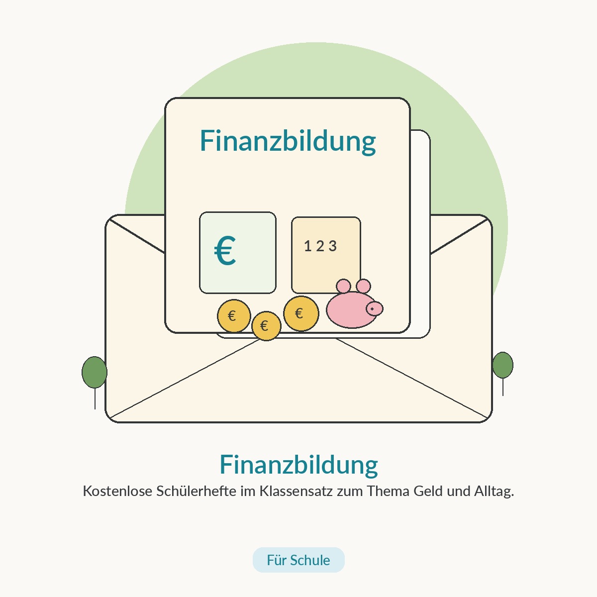 Illustration: Schülerhefte, Euro-Münzen und Sparschwein – kostenlose Materialien zur Finanzbildung im Klassensatz