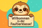 Willkommensschild für die Faultierklasse mit dem Klassentier Faultier.