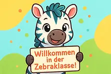 Willkommensschild Zebraklasse: Gestreiftes Zebra-Klassentier heißt Schulanfänger willkommen. Charmante Klassenzimmerdekoration für den ersten Schultag kostenloses Klassenmaskottchen Material zum asudrucken Grundschule