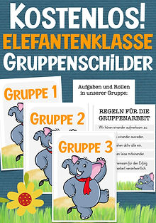 Elefantenklasse Klassentier Elefant in der Grundschule Unterrichtsmaterial kostenlos - Gruppenschilder für die Stationsarbeit 1. Klasse und 2. Klasse gratis