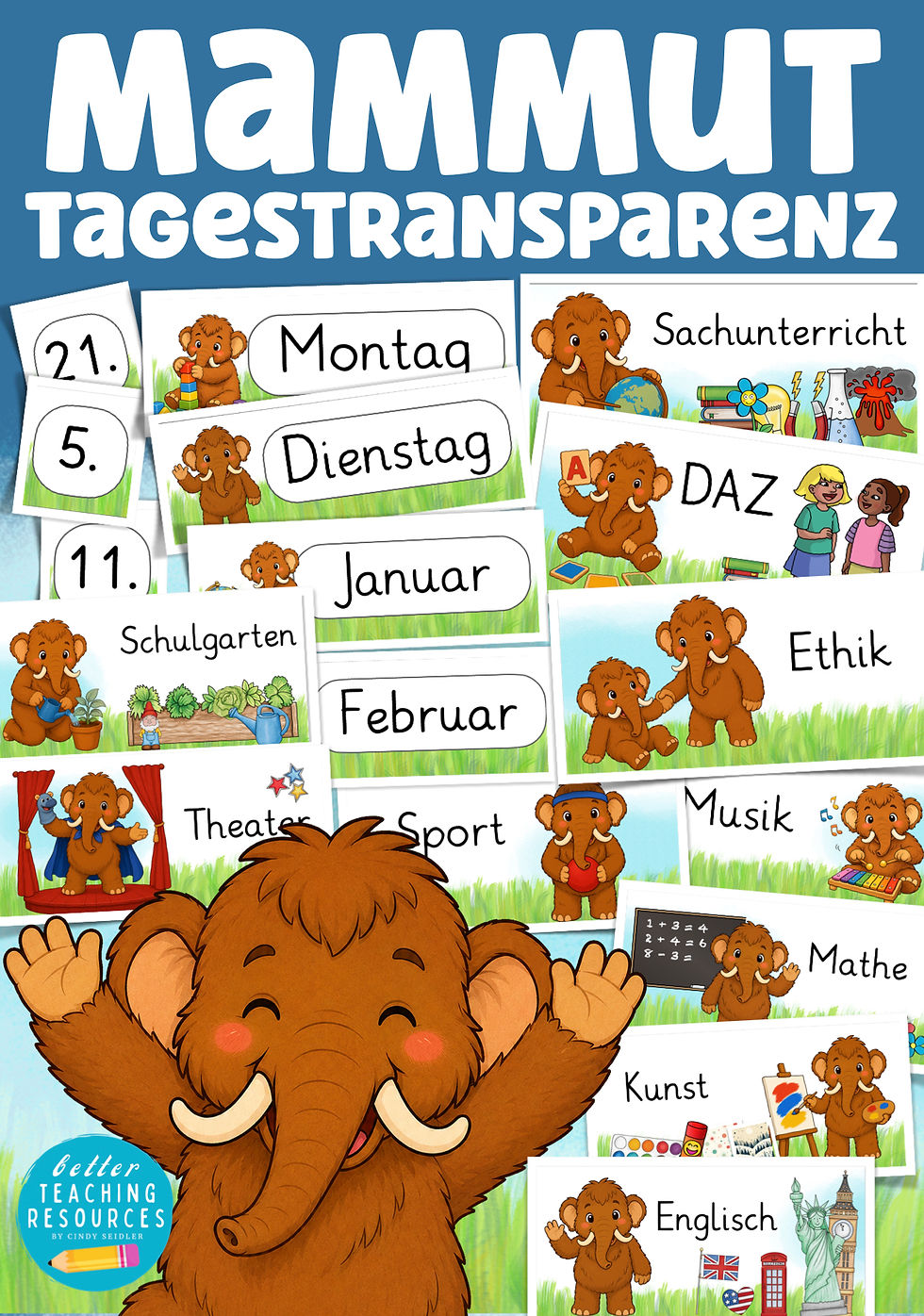 Tagestransparenz für die Mammutklasse mit Klassentier Mammut zur Darstellung des Tagesablaufs