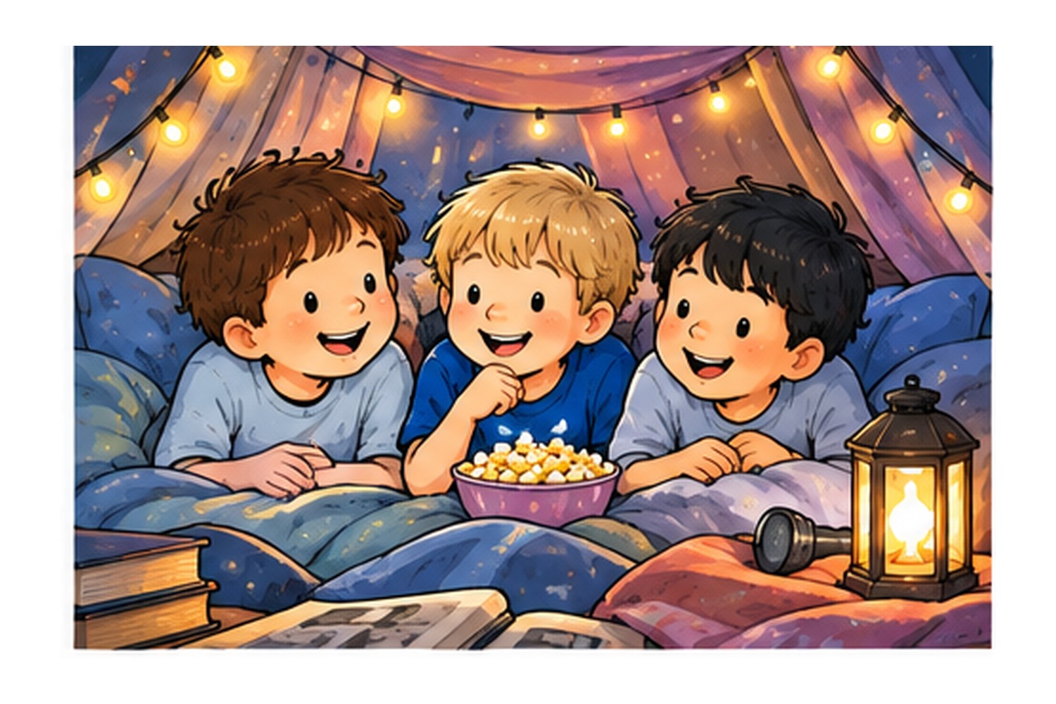 Illustration: Kinder bei einer Übernachtungsparty mit Taschenlampen und gemütlichem Nachtlager – passend zu „Finn und die Übernachtungsparty“