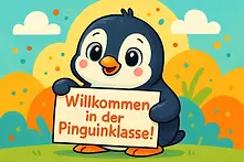 Willkommensschild Pinguinklasse: Niedliches Pinguin-Klassentier Türschild, kostenlos zum Ausdrucken, begrüßt Erstklässler. Perfekte Klassenzimmerdekoration für den ersten Schultag in der Grundschule. Türschild Pinguin kostenlos