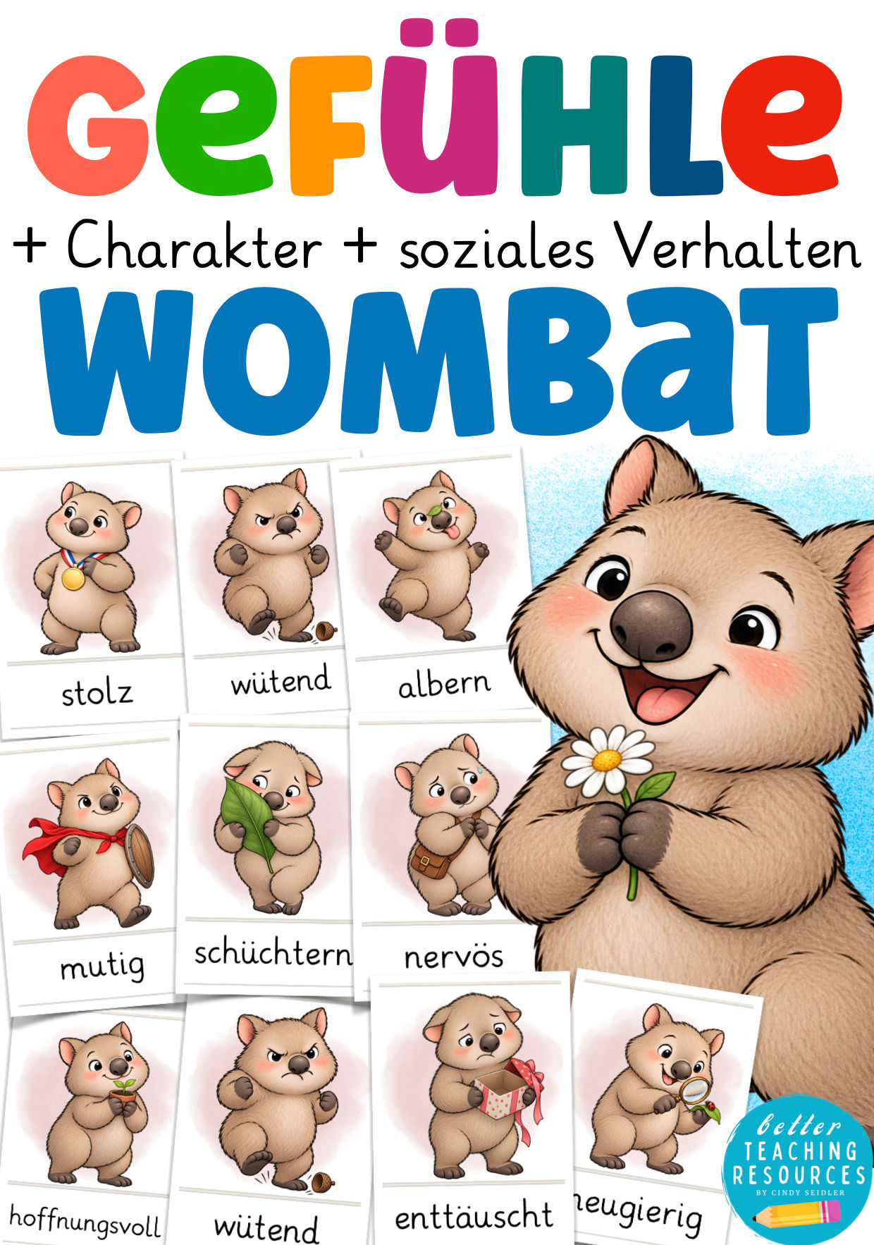 Titelblatt der Gefühlskarten Wombatklasse mit Beispielkarten zu Gefühlen, Charakter und sozialem Verhalten.