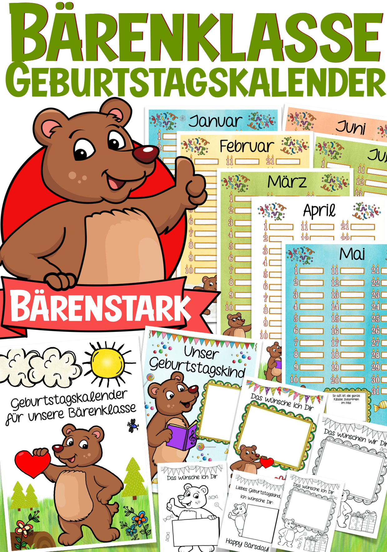 Bärenklasse Klassentier Bär Geburtstagskalender Grundschule Klassenkalender