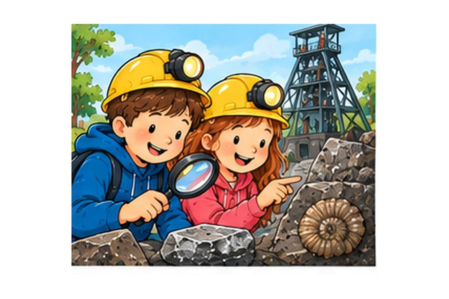 Illustration: Kinder mit Lupen und Helmen erkunden Gestein an einer ehemaligen Bergbauanlage – passend zu „Die Nachbergbau-Detektive“