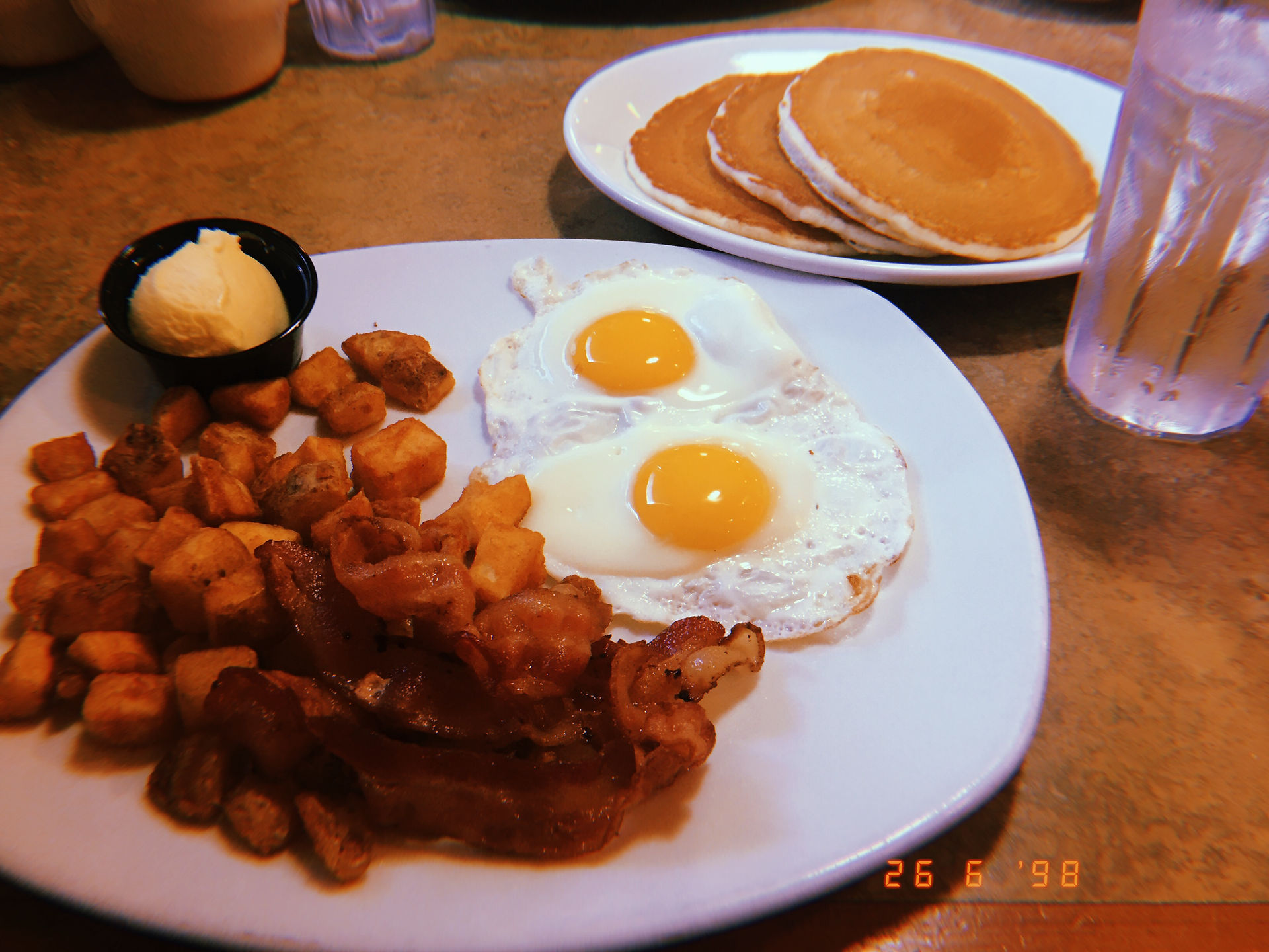 Joan's first American breakfast!