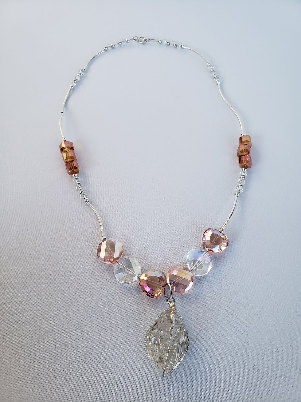 Thumbnail: Transparent coral, pink and white crystal necklace