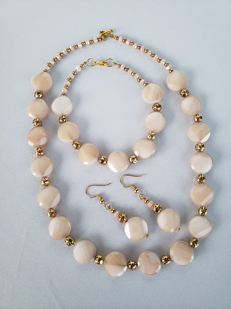 Thumbnail: Coral light crystal beads necklace, bracelet and earrings set