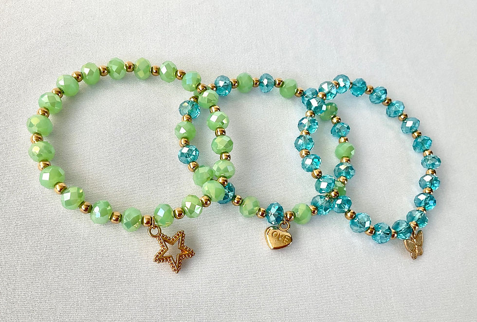 Thumbnail: Stretchable aquamarine and lake blue crystal beads bracelet set.