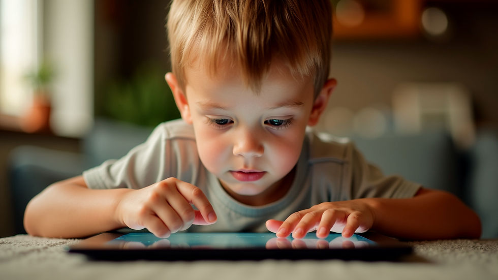 Eye-level view of a child focused on a tablet, embodying the relationship between kids and digital technology