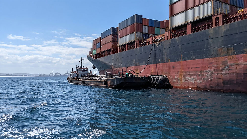 Bunker barge refuelling a container ship at anchor off Durban