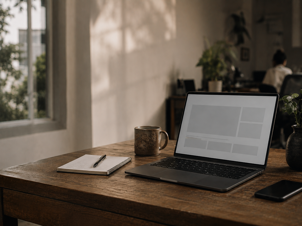 A web designer's desk in a Durban office with a half-finished website open on a laptop.