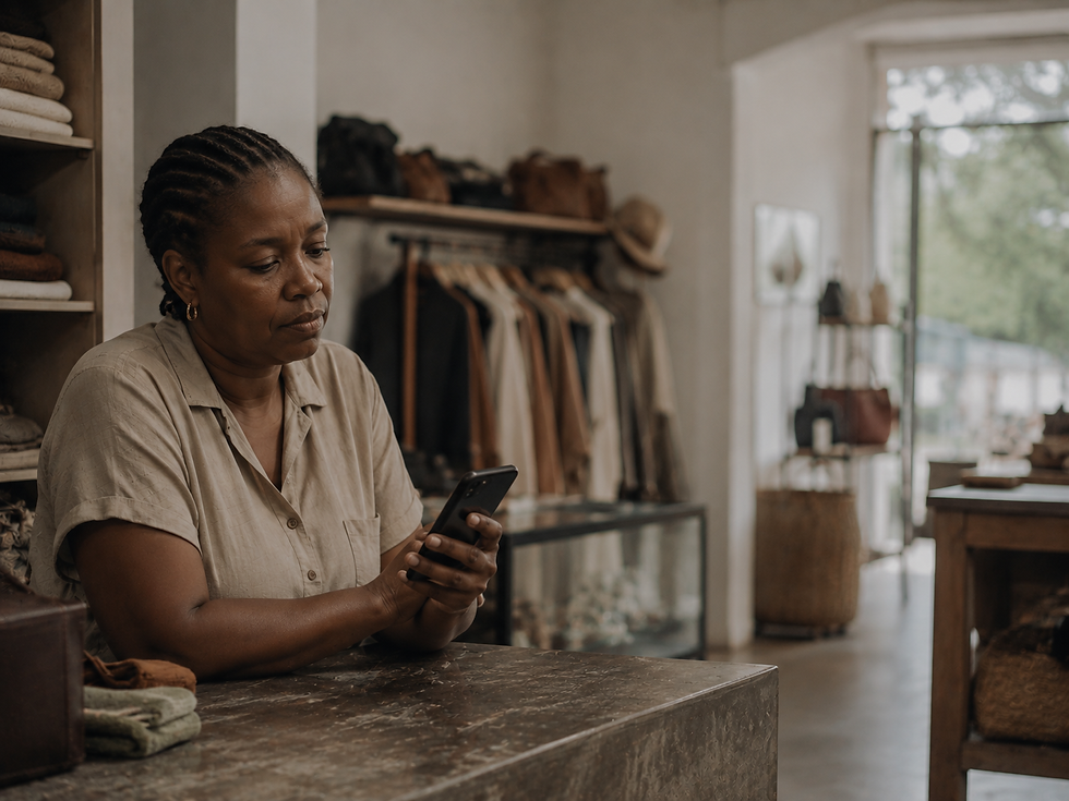 A Durban shop owner checking a social media post on a phone at a quiet shop counter.
