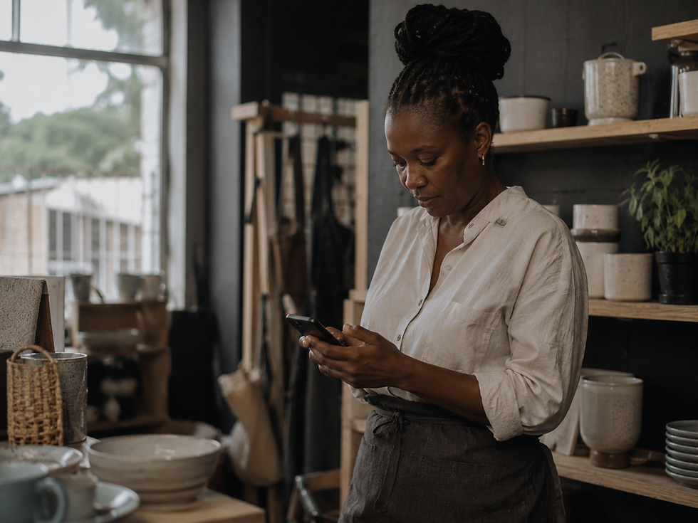 A Durban shop owner checking their phone inside a quiet shop.