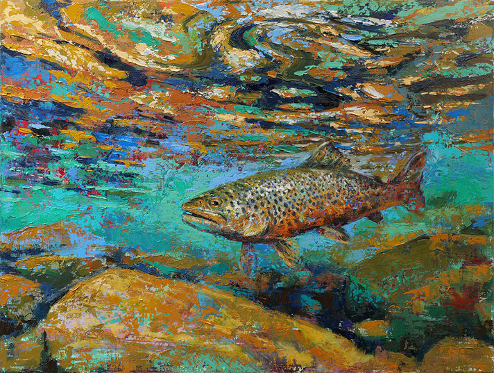 Underwater view of a beautiful brown trout hovering in the middle of the water column waiting for a fly to land on the water.