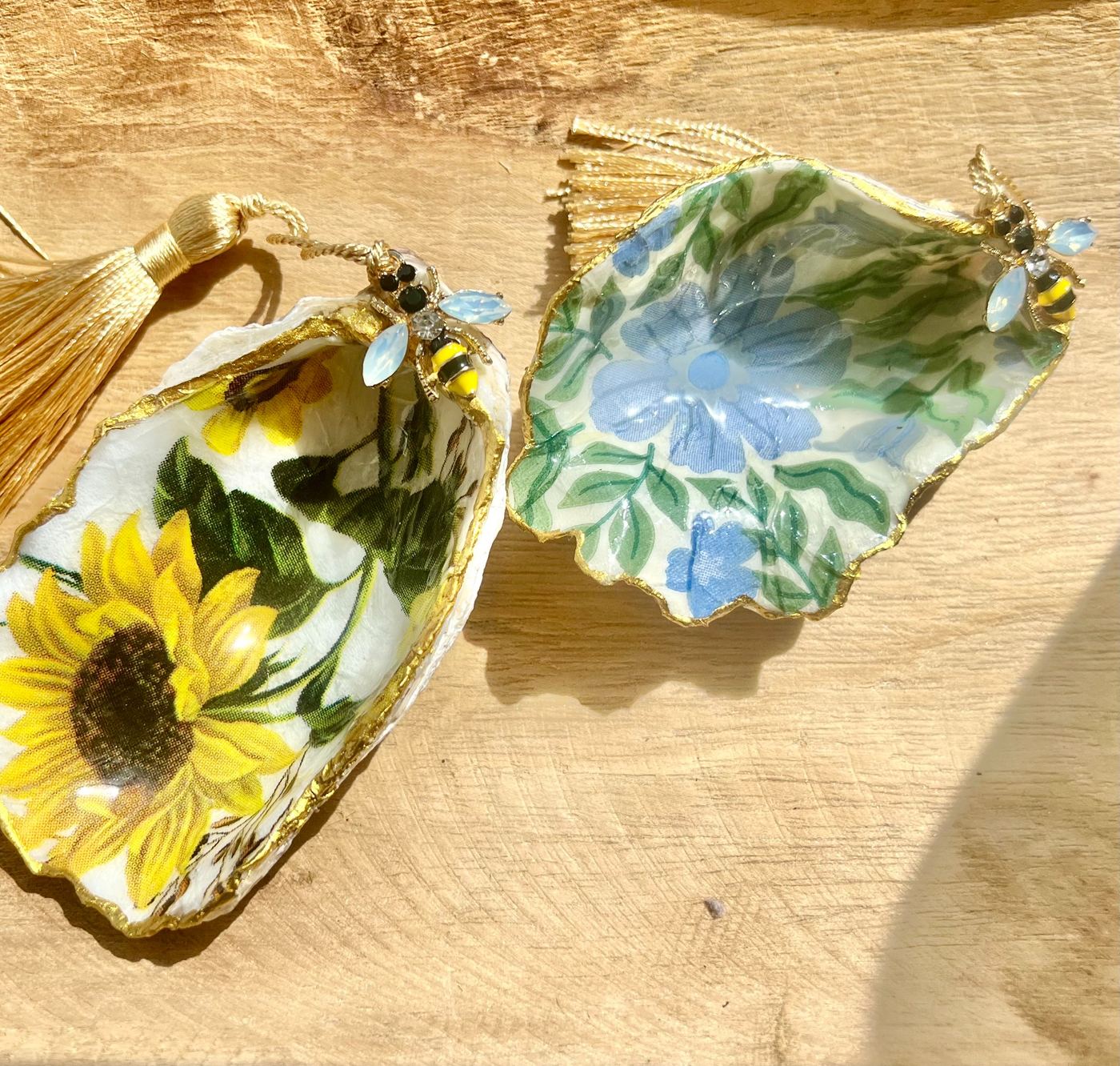 Handcrafted sunflower shell blessing bowl with gold tassel