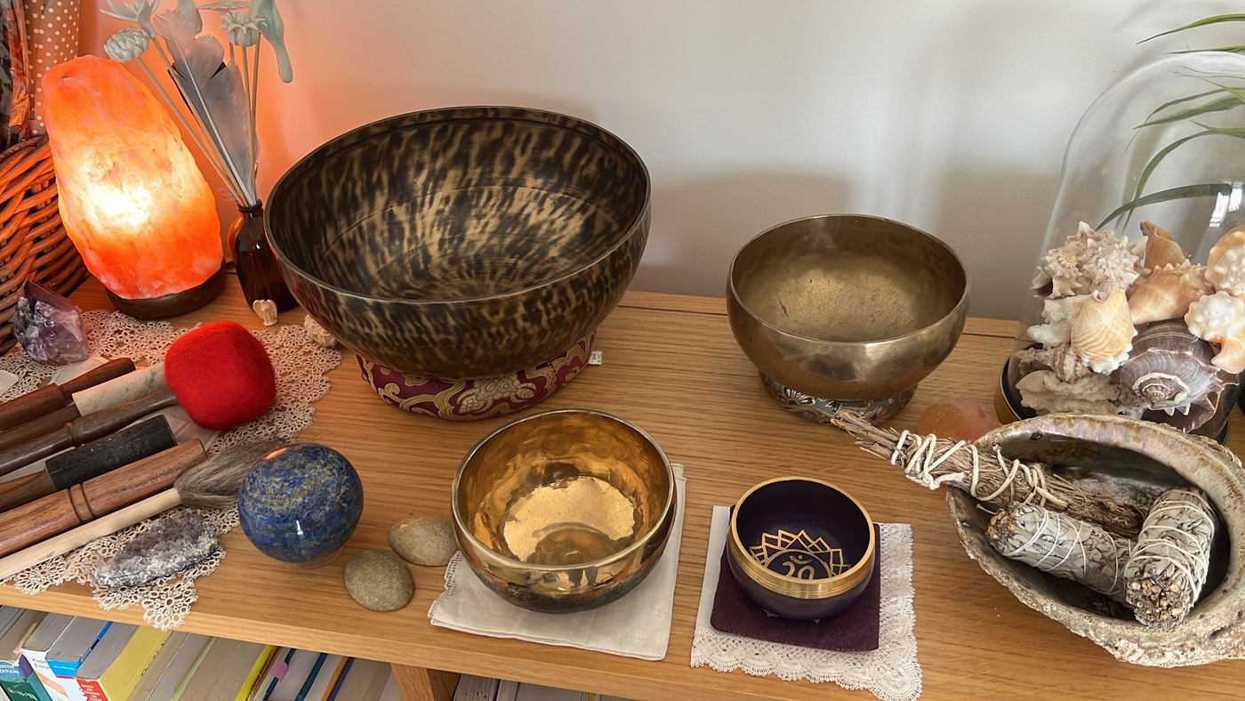 Susan's collection of singing bowls and ritual objects