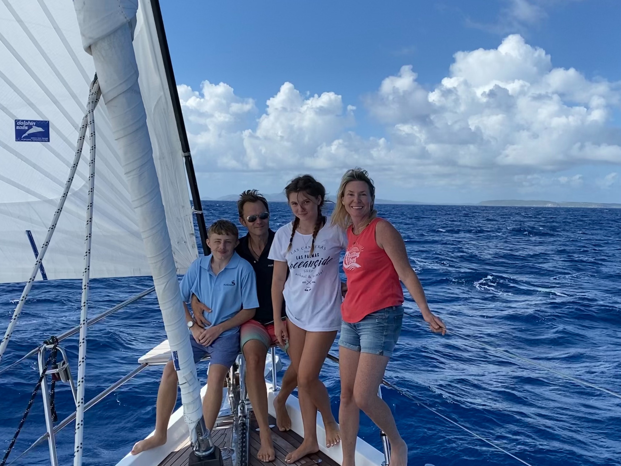 Our family together aboard Makara on the ocean during our circumnavigation