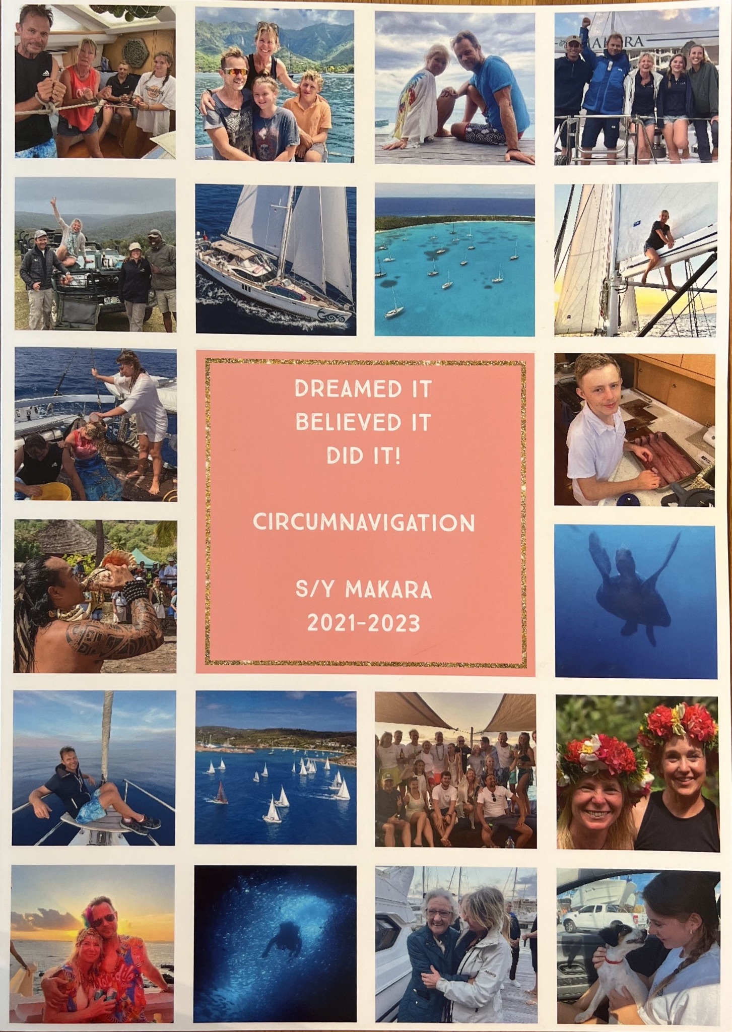 Original gift card from a friend celebrating our completed Makara circumnavigation, 2021–2023, with family sailing photographs