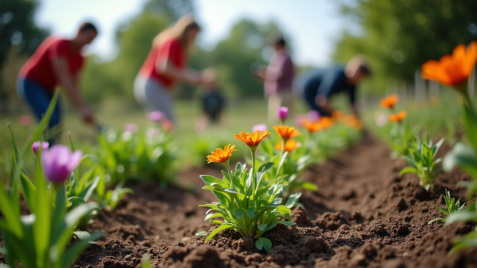 Eye-level view of a community garden with volunteers planting flowers