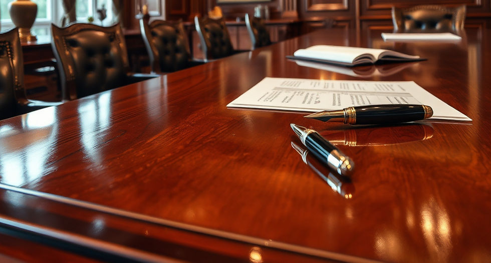 Prestigious corporate imagery, including shiny wood, e.g. wooden desk in a luxurious board