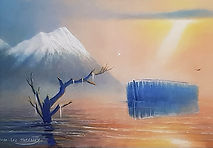 Noah's ark in stillness before a snow capped mountain with orange sky, by Rosa-Lee Tuffney