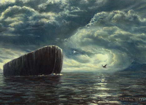 Noah's ark under dramatic skies with raven and dove, by Rosa-Lee Tuffney