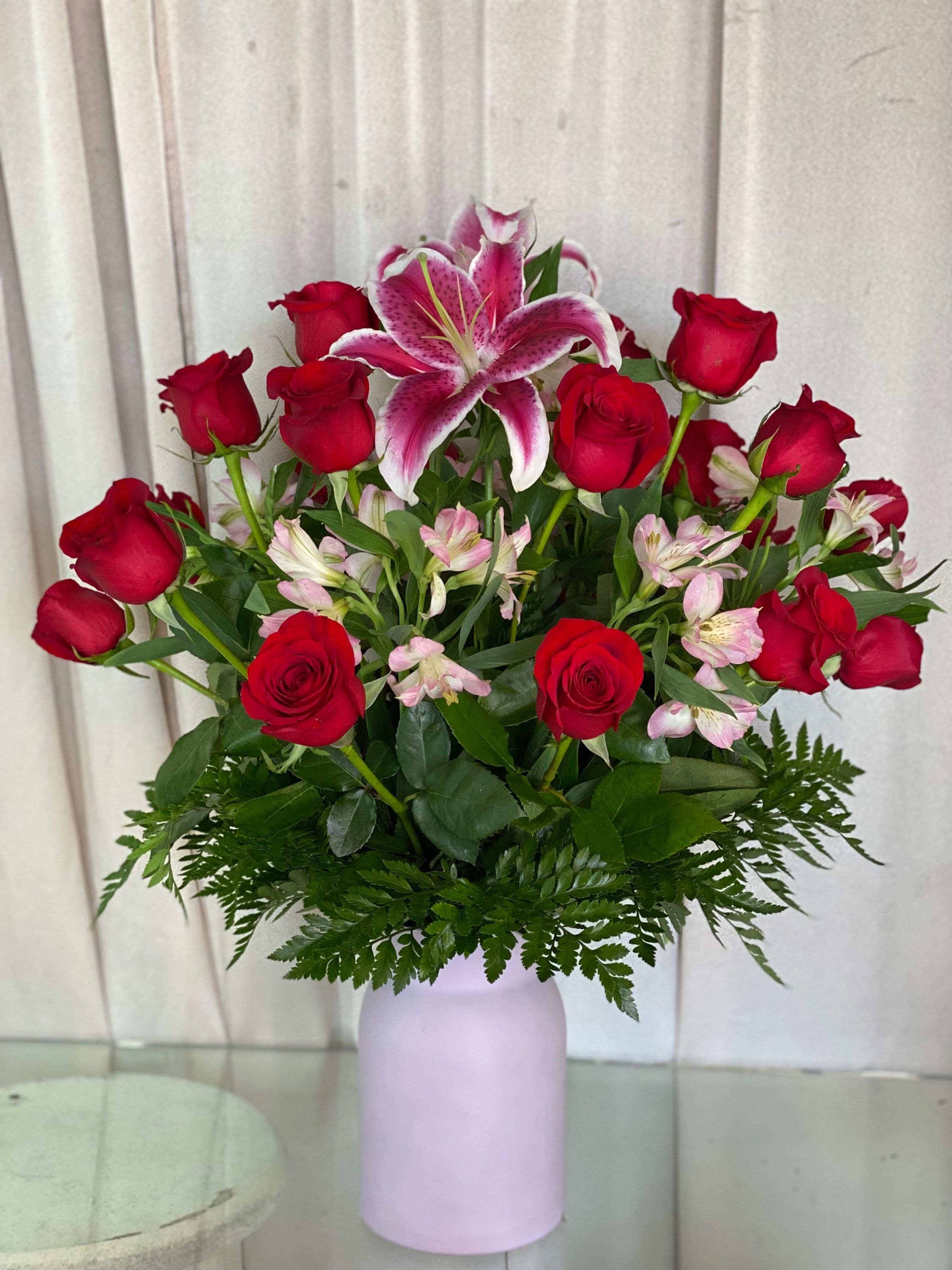 TWO DOZEN ROSES WITH STARGAZER LILIES