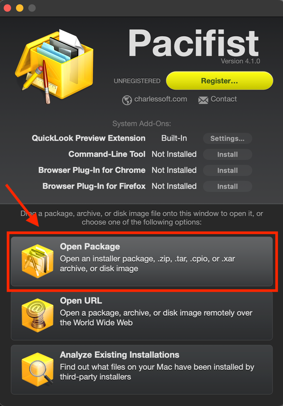 Using pacifist to open a .pkg file.