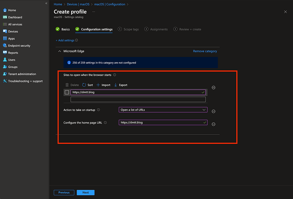 Configuring the Microsoft Edge home page and startup page browser settings for the configuration profile.