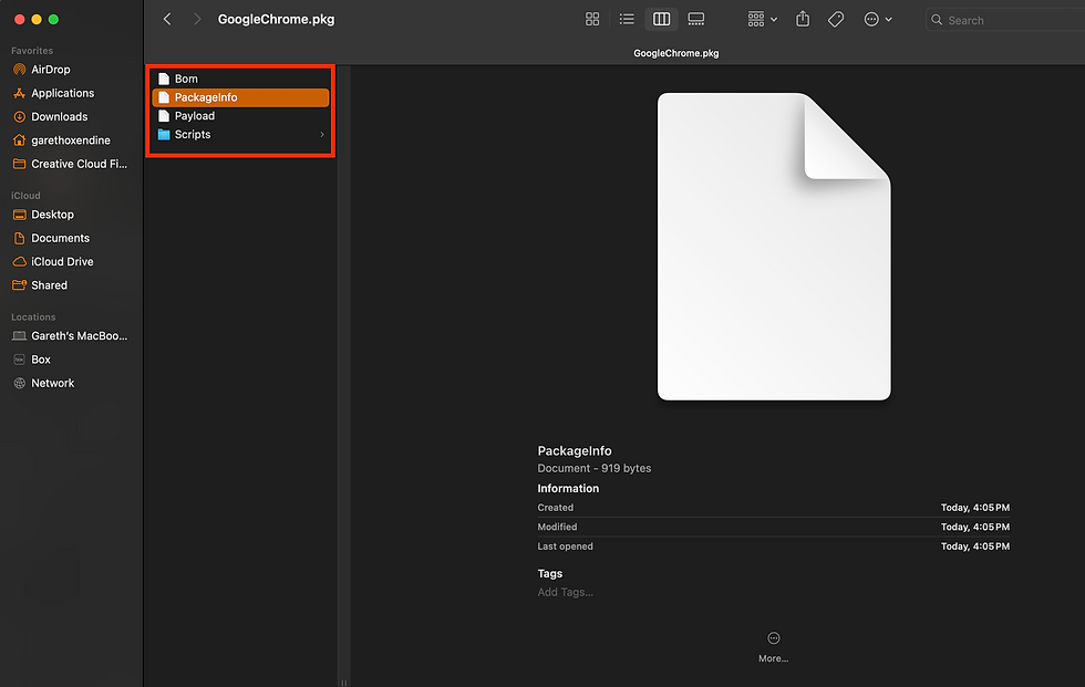 Opening the PackageInfo text document to view the CFBundleIdentifier and CFBundleShortVersionString values.