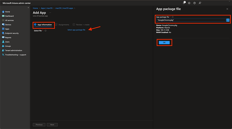 Selecting the .pkg file for the line-of-business app using Microsoft Intune.