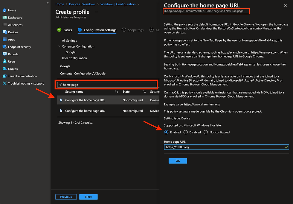 Select the Configure the home page URL setting to configure it.