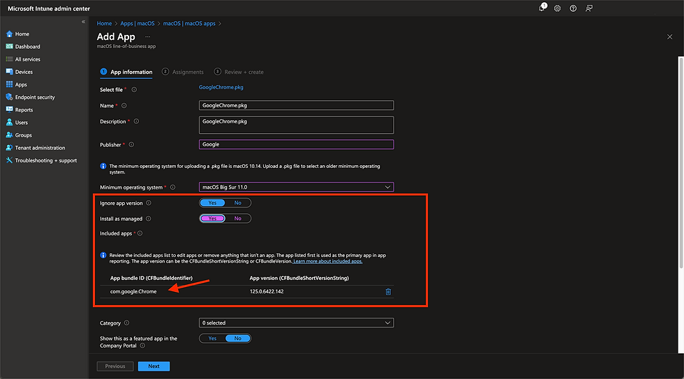 Editing the App Information of a macOS line-of-business .pkg using Microsoft Intune.