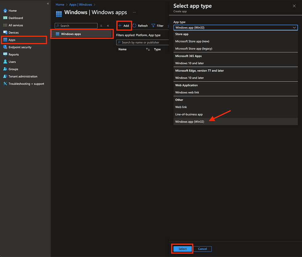 Creating a Windows app (Win32) app in Intune.