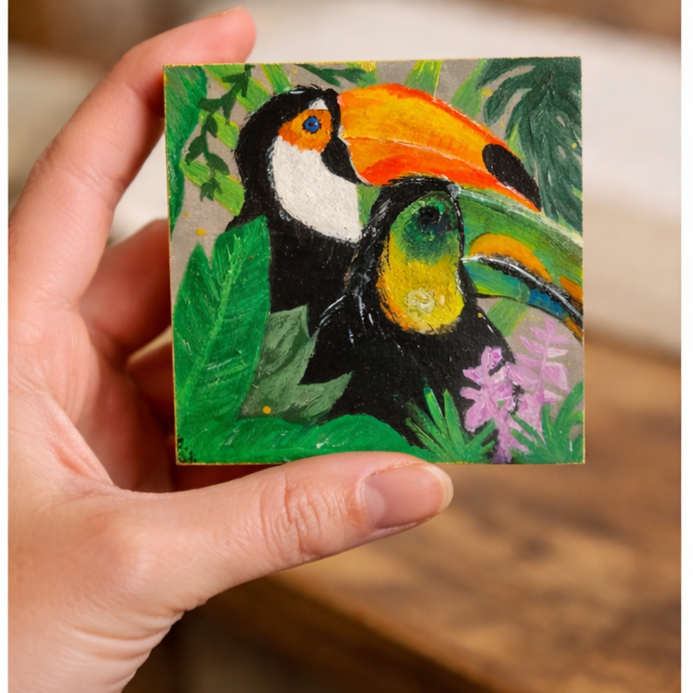 Mini Quadro Tucanos — Pintura Acrílica Original 10×10 cm