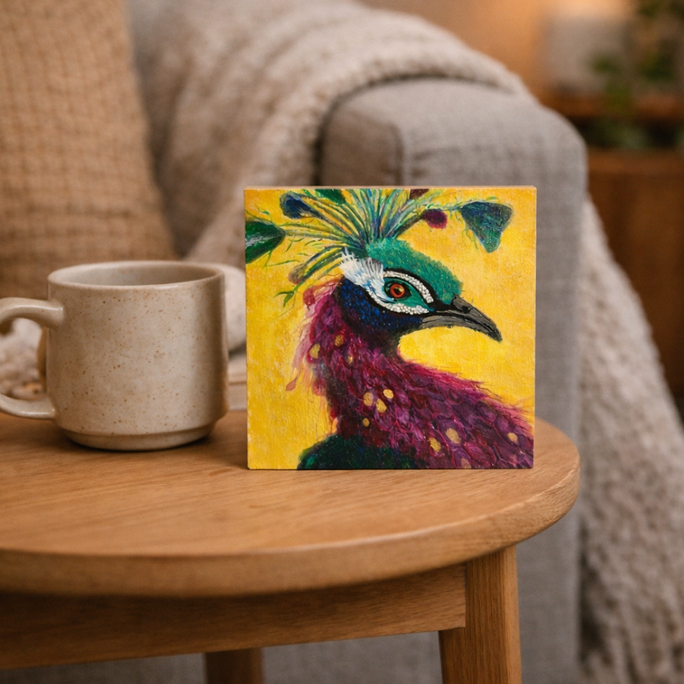 Quadrinho Pavão 10x10 — Arte Manual Decorativa