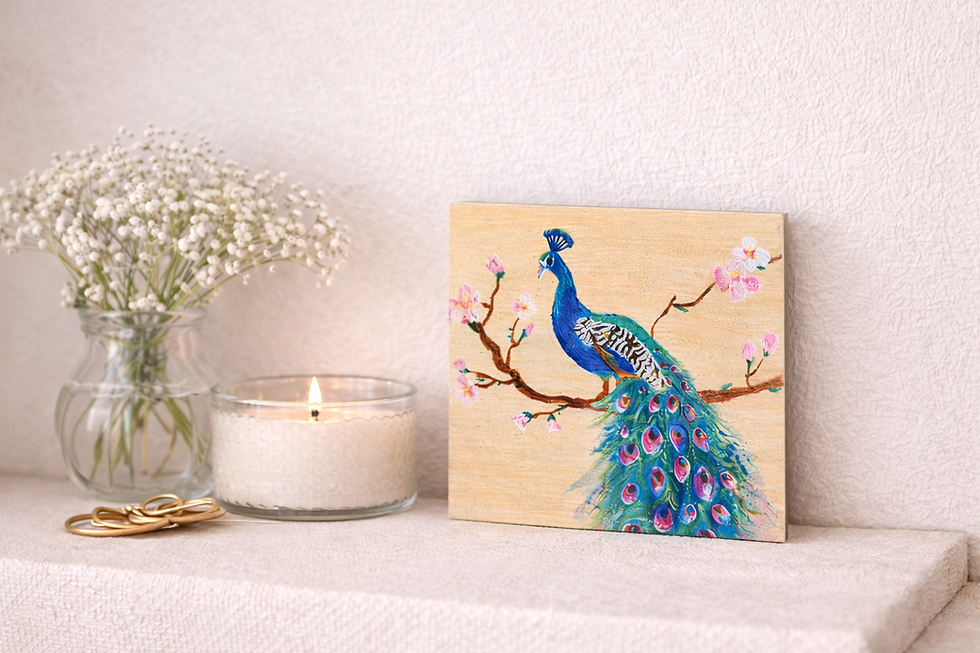 Quadro Decorativo Pavão com Flores – Pintura Original 10x10 cm em Madeira