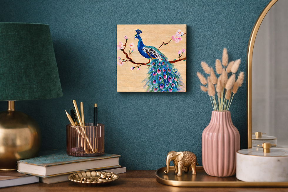 Quadro Decorativo Pavão com Flores – Pintura Original 10x10 cm em Madeira
